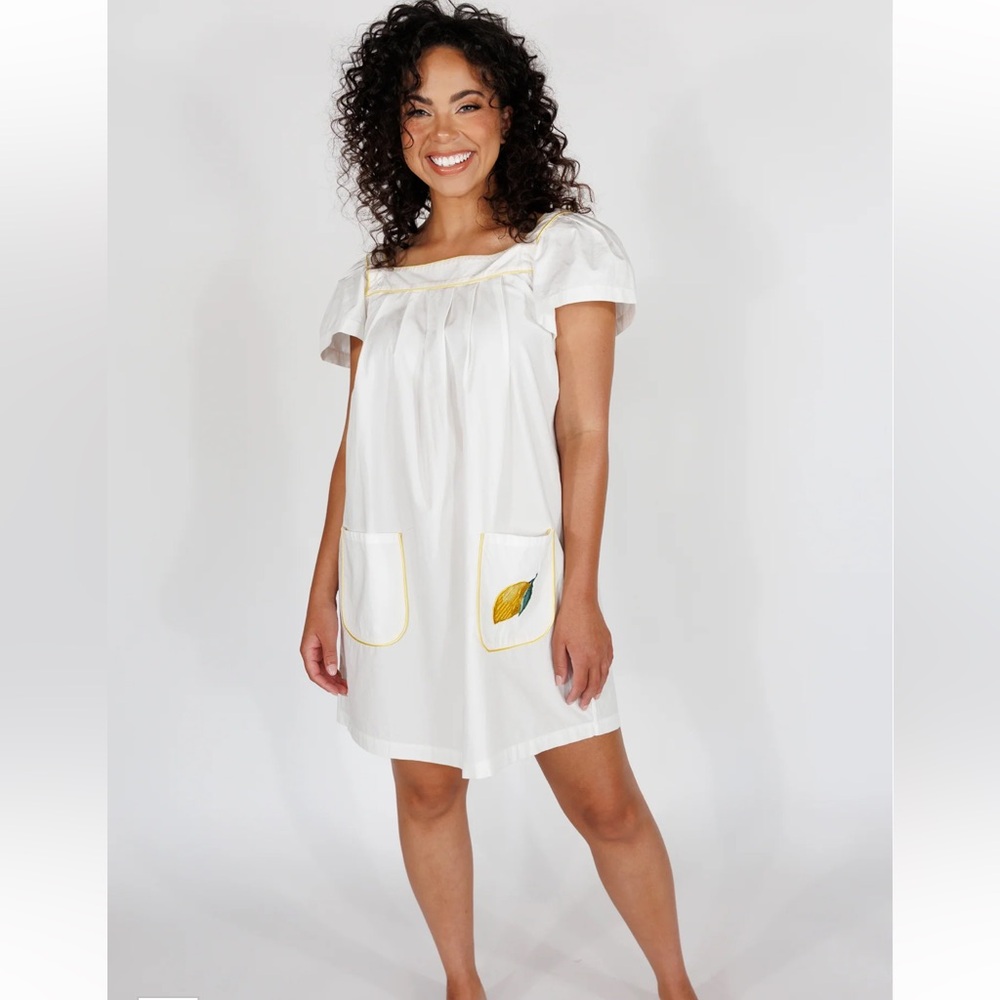 In My Sundays Crisp White with Lemon Embroidery Short Day Dress NWT